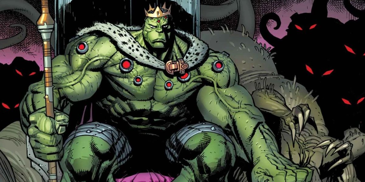 An image of the Hulk wearing royal accessories and a crown in Marvel Comics