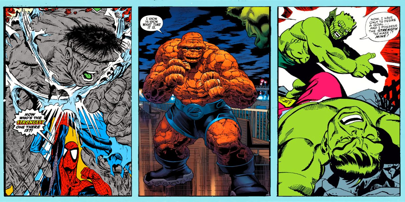 Split image of Spider-Man, the Thing and Abomination beating the Hulk