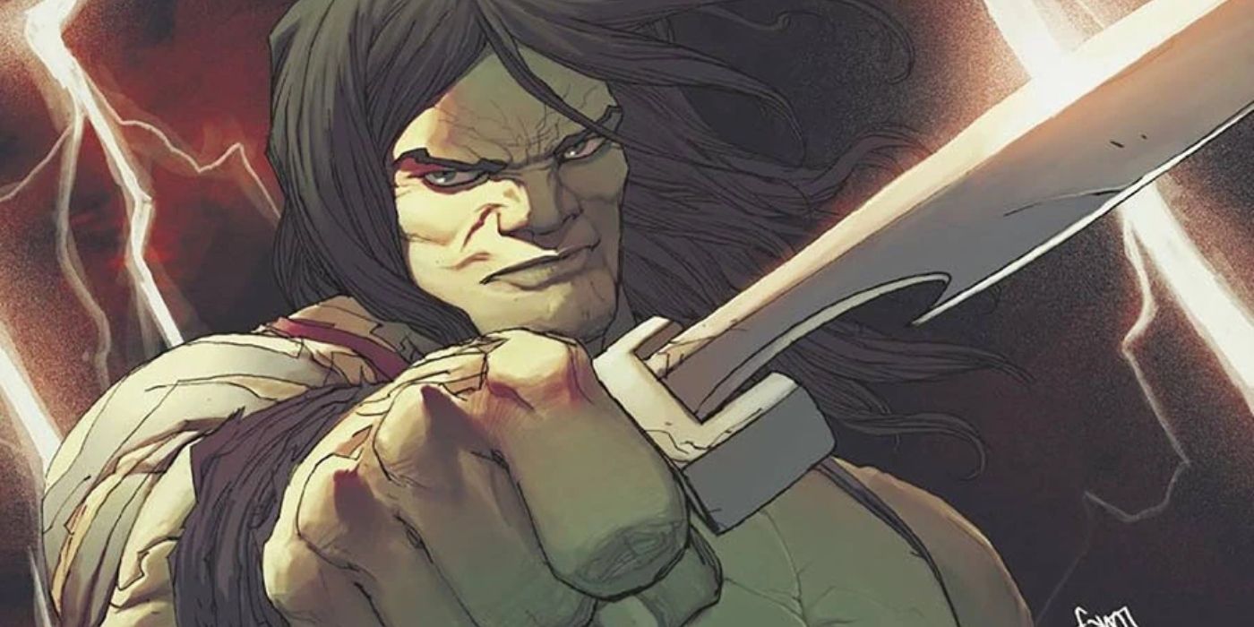 Skaar, le fils de Hulk, brandissant une épée