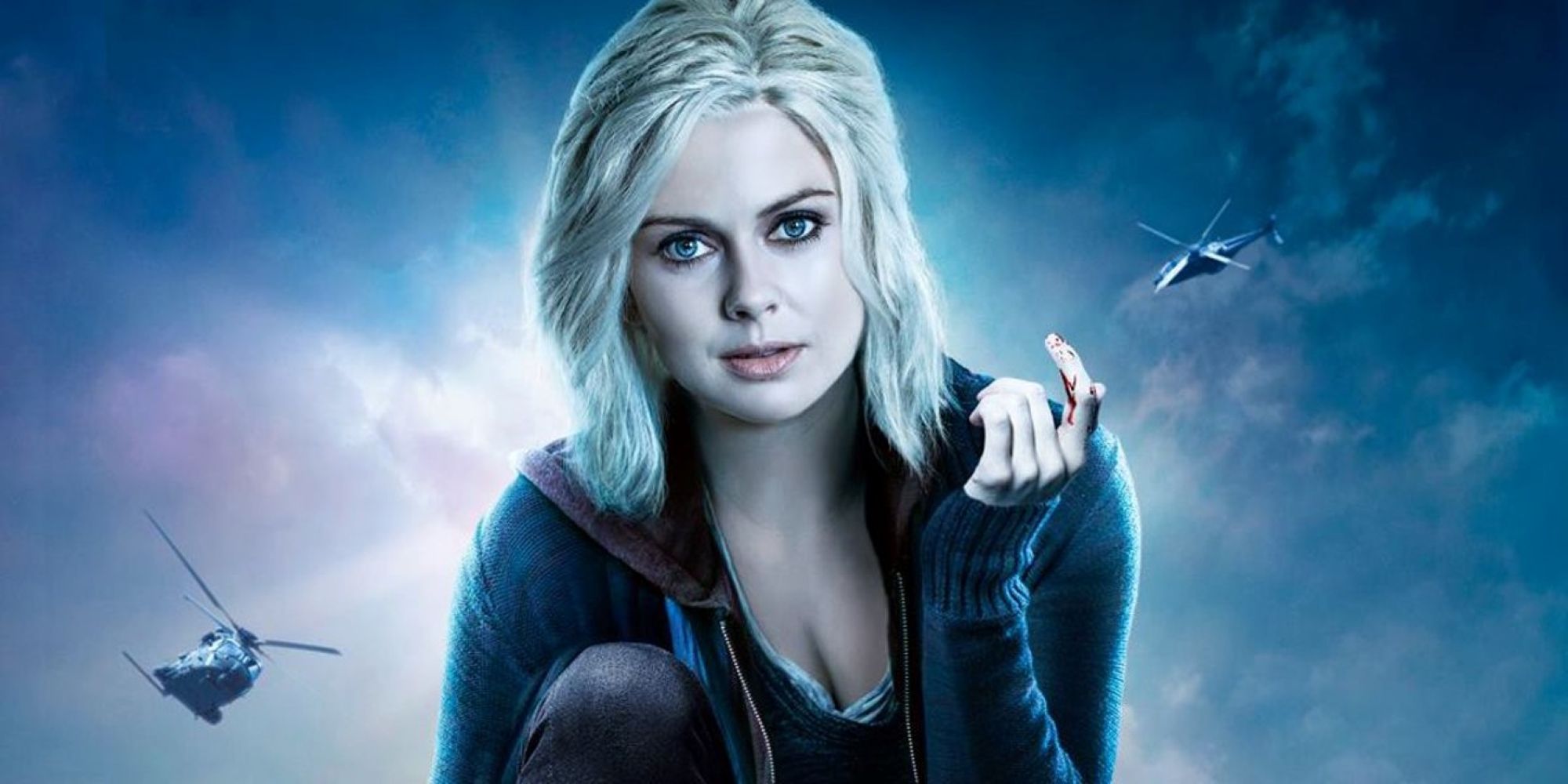 Promotional art for iZombie with Liv Moore holding up a bloody finger with helicopters in the sky