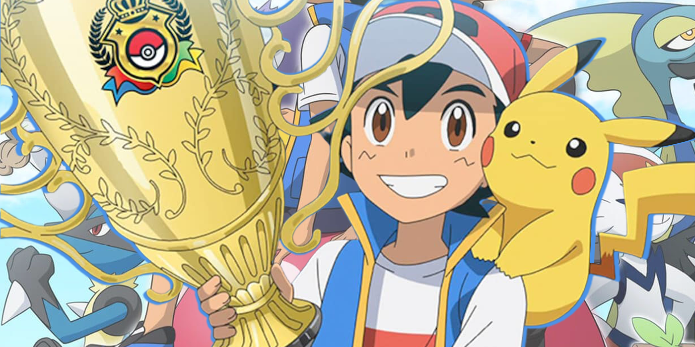 Ash proudly holds the Masters Eight trophy in the Pokemon anime