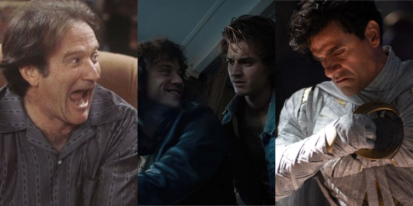 A split image of Robin Williams in Friends, Joseph Quinn in Stranger Things, and Oscar Isaac in Moon Knight