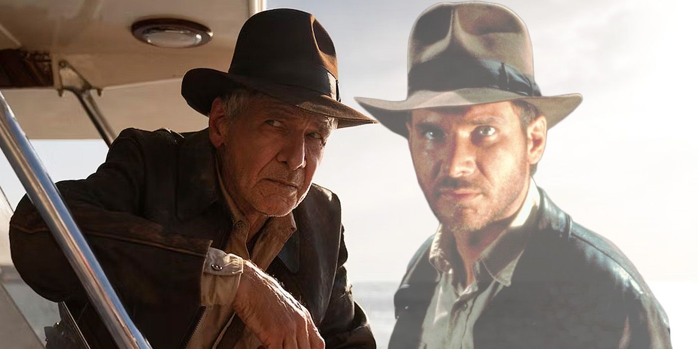 Harrison Ford in Indiana Jones 5 next to a transparency of himself in Raiders of the Lost Ark.