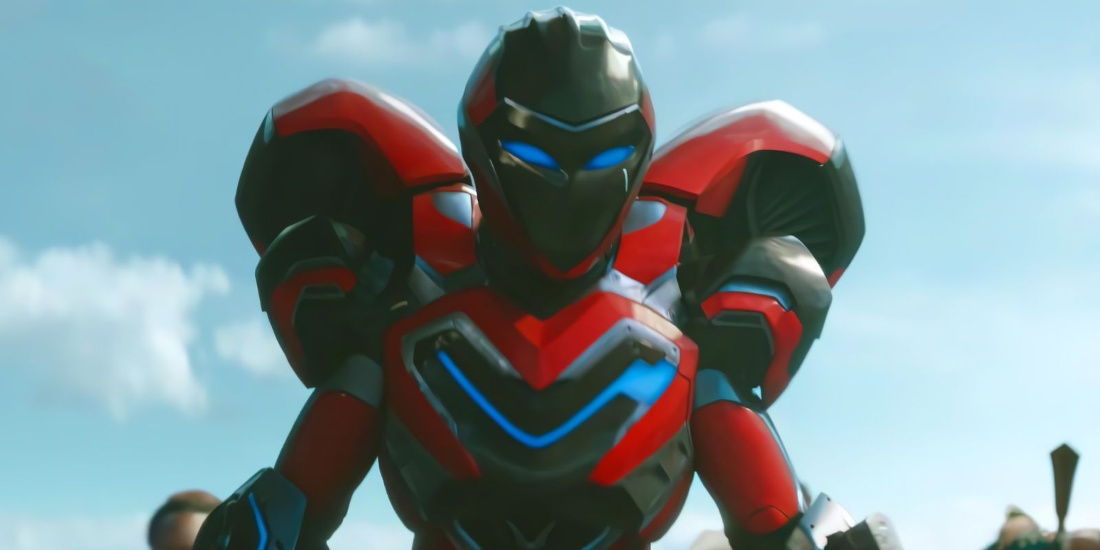 The MCU's Ironheart Mk. 2 (Dominique Thorne) backed by a blue sky
