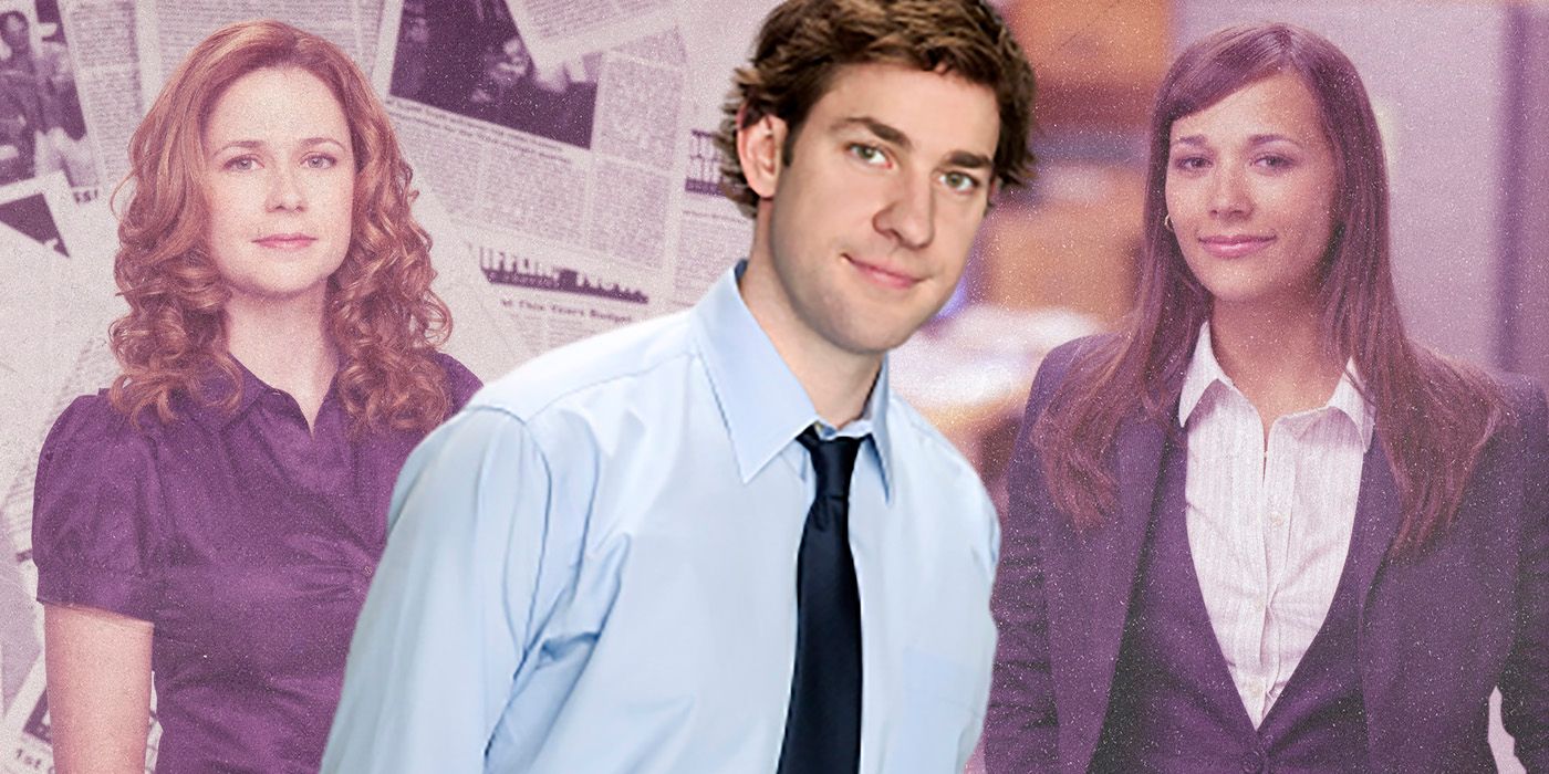 Collage of Jim, Karen, and Pam smiling in The Office