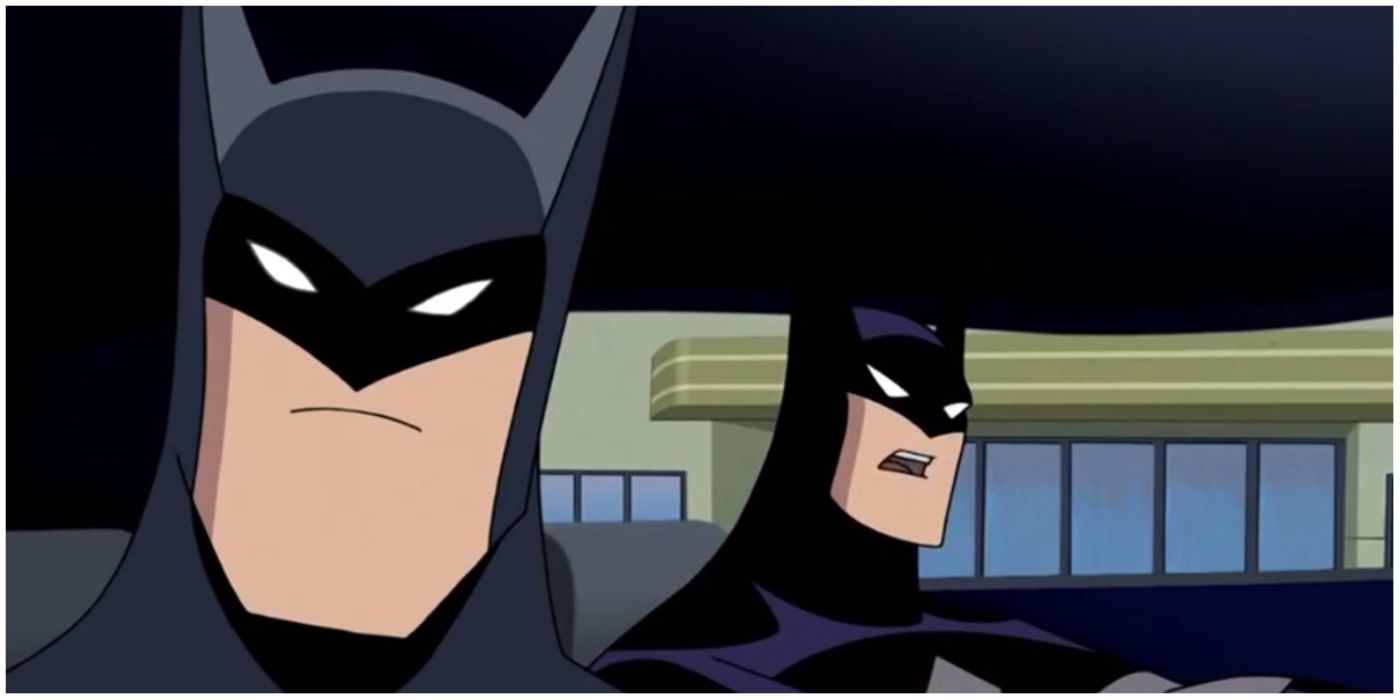 Justice Lord Batman and regular Batman in the Batmobile in the DCAU