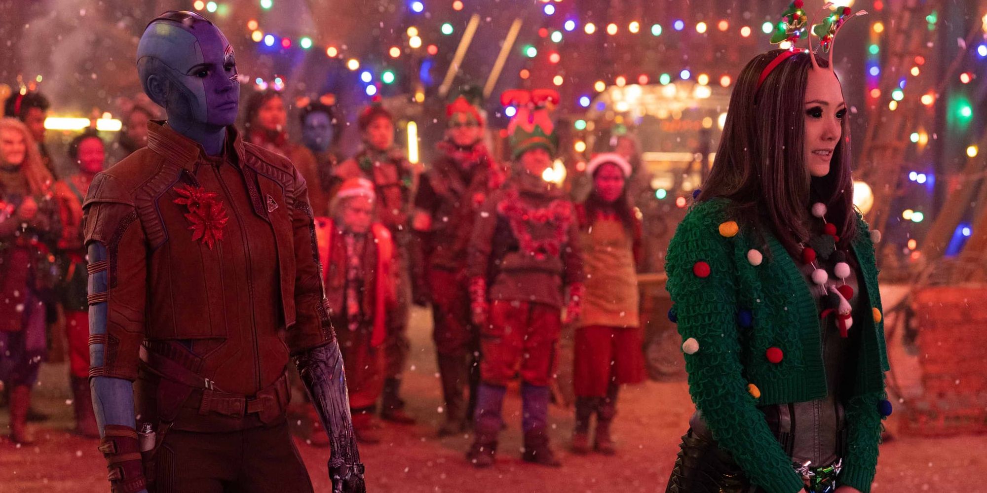 Nebula, played by Karen Gillan, and Mantis, played by Pom Klementieff, in The Guardians of the Galaxy Holiday Special