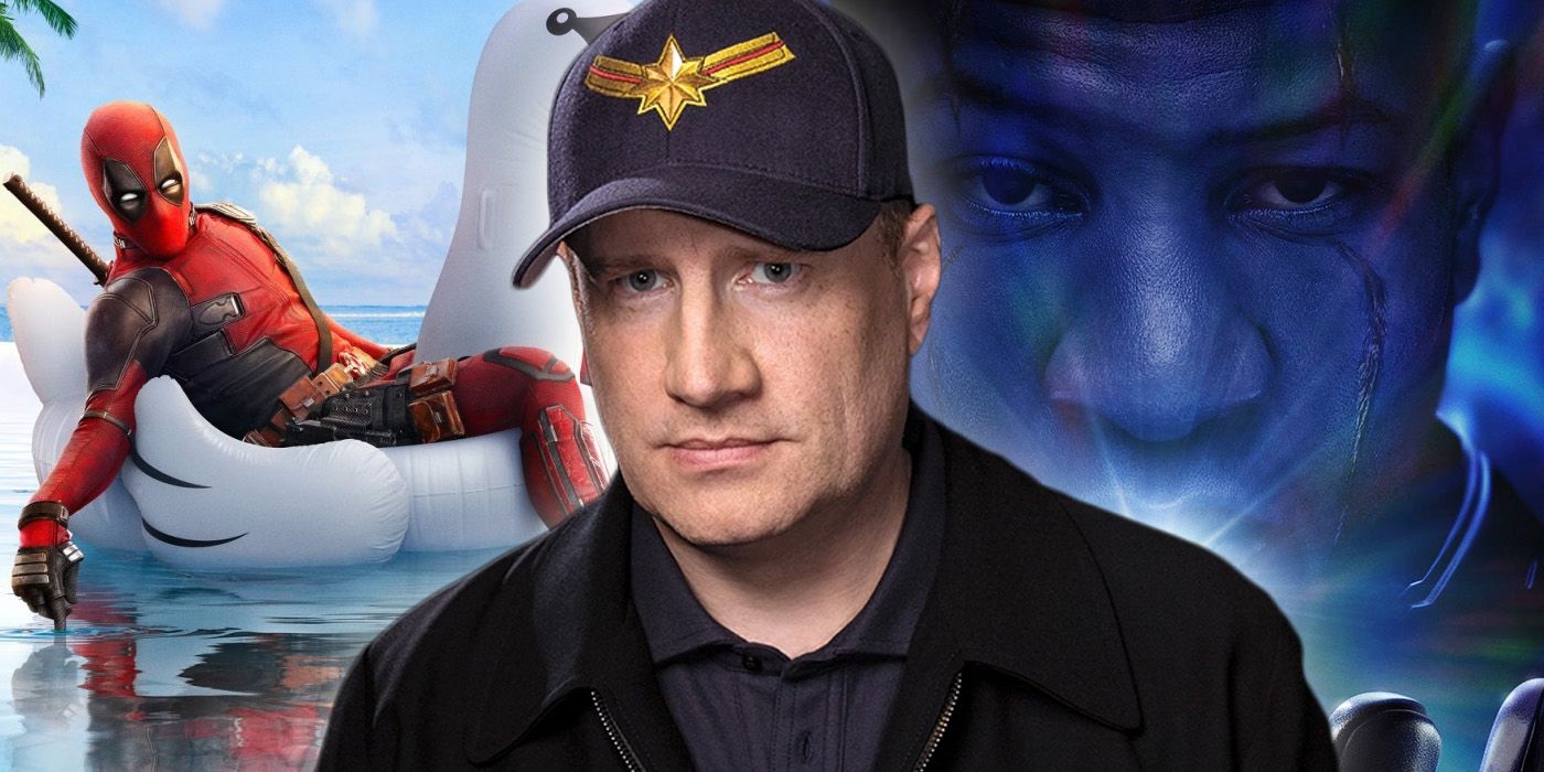 Kevin Feige in front of posters for Deadpool 2 and Kang in Ant-Man and the Wasp: Quantumania.