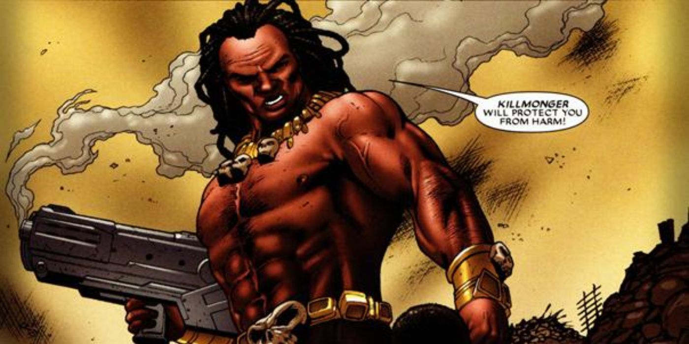 Killmonger holds a gun and says "Killmonger will protect you from harm" against a backdrop of war