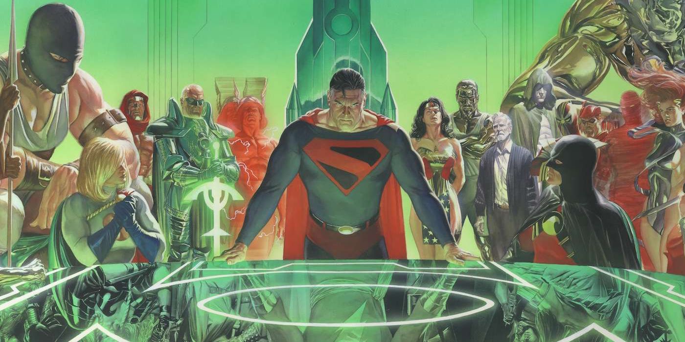 Superman leading the Justice League in comic book art for Kingdom Come.