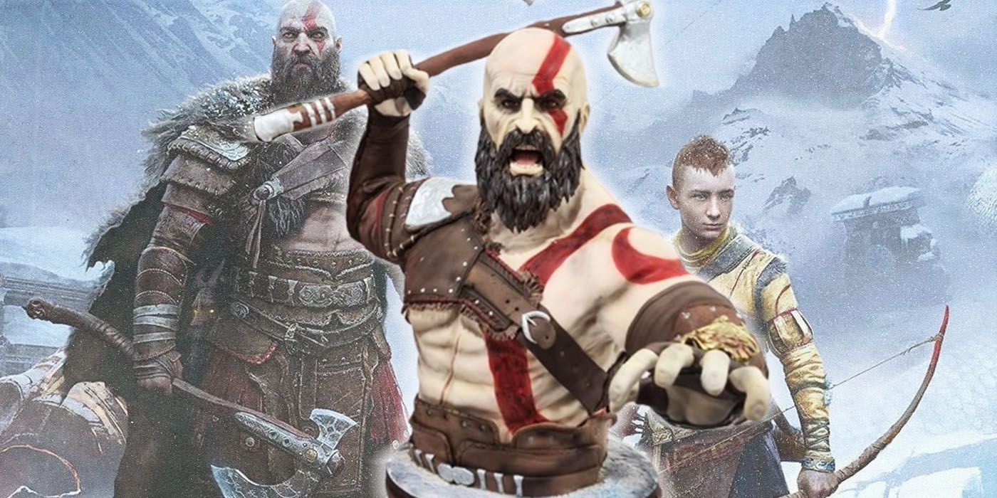 A cake figure of Kratos shouting while bearing his axe behind him