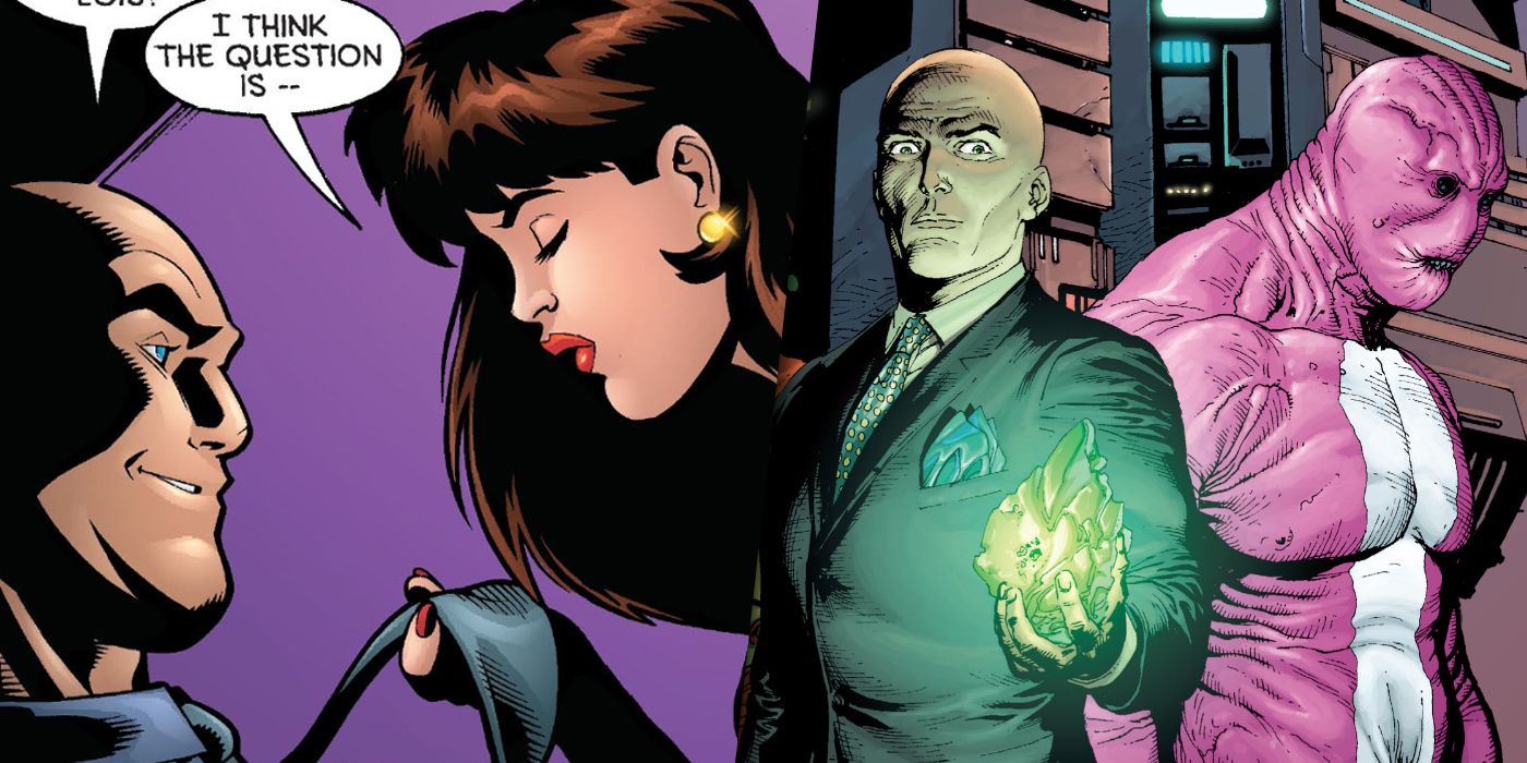 Lex Luthor with Lois Lane split image with Luthor holding kryptonite and Parasite