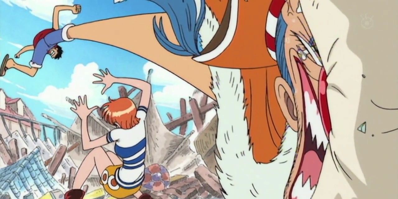 Monkey D. Luffy salta sobre Nami para chutar Buggy em Orange Town em One Piece