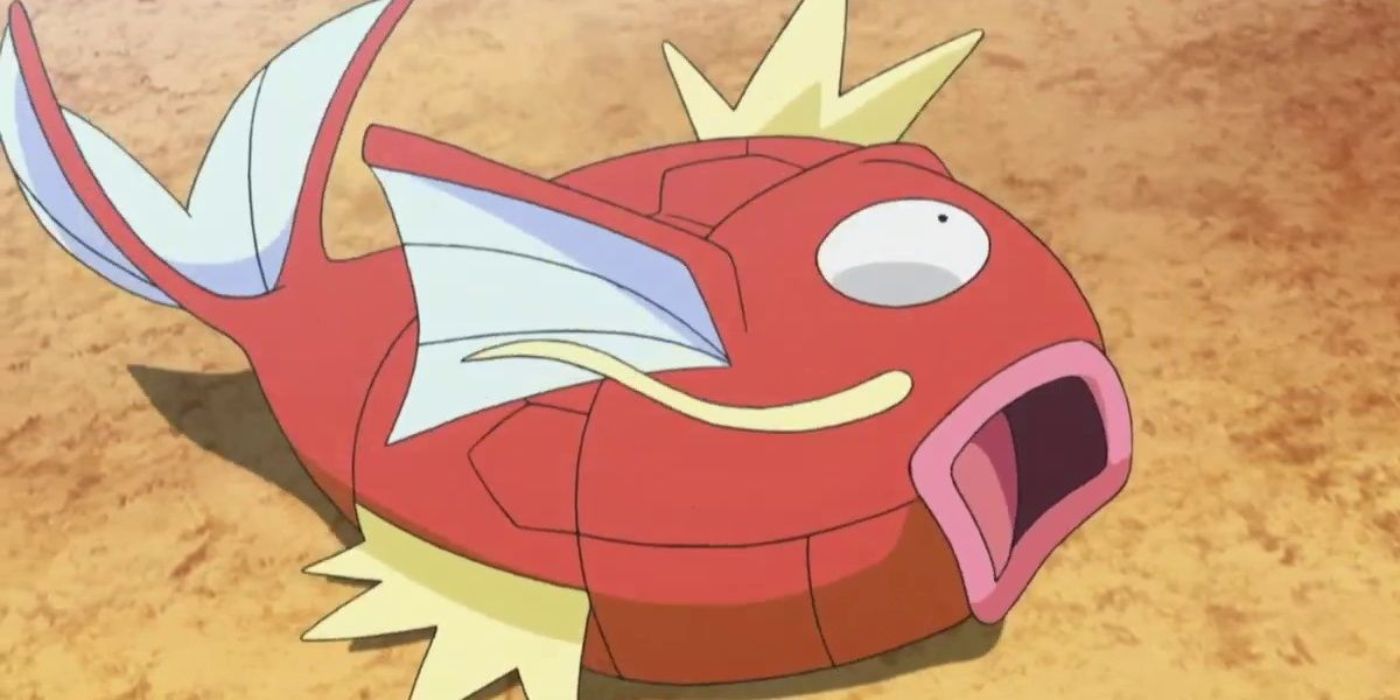 Magikarp est allongé sur le sol avec la bouche ouverte dans l'anime Pokémon.