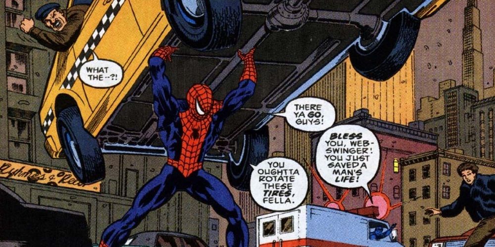 Spidey lifts a cab over his head in Marvel Comics