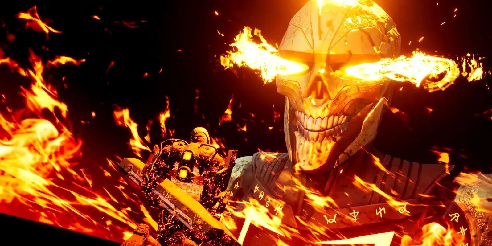 ghost rider surrounded by flames and glowing armor