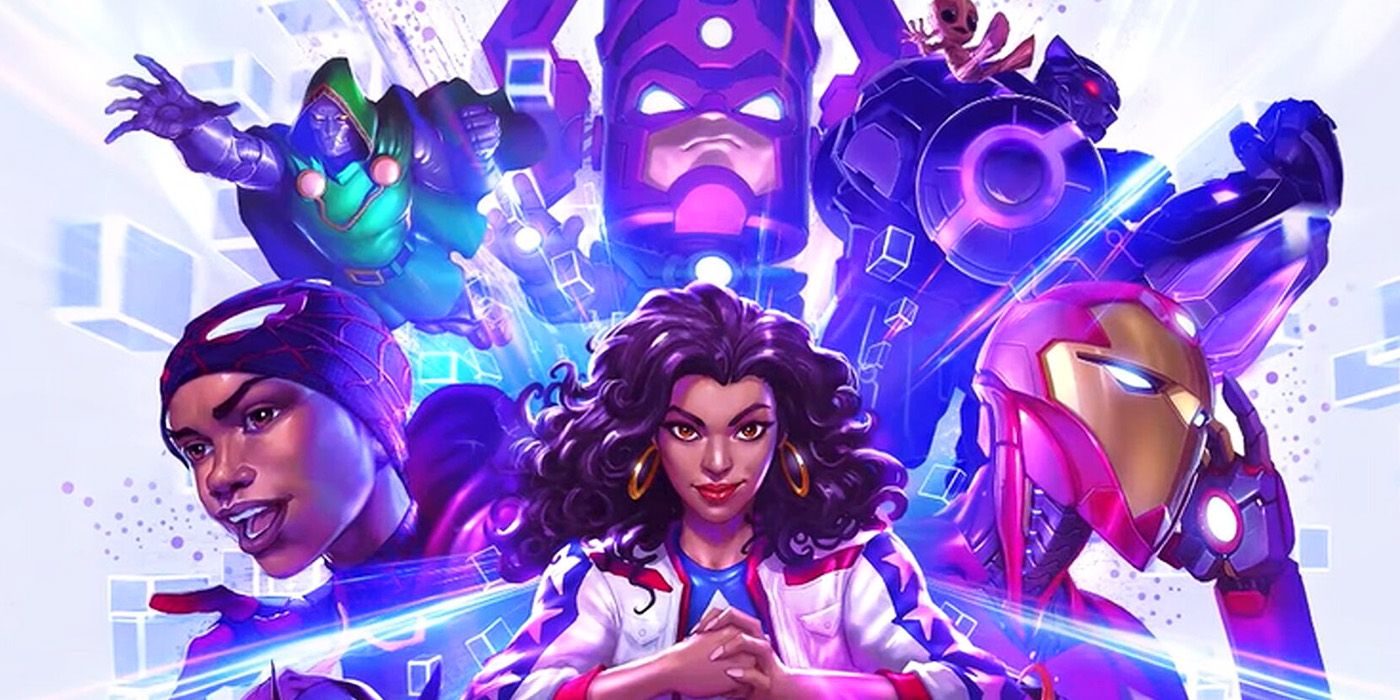 Marvel SNAP poster: America Chavez, Miles Morales, Ironheart, Galactus and Doctor Doom.
