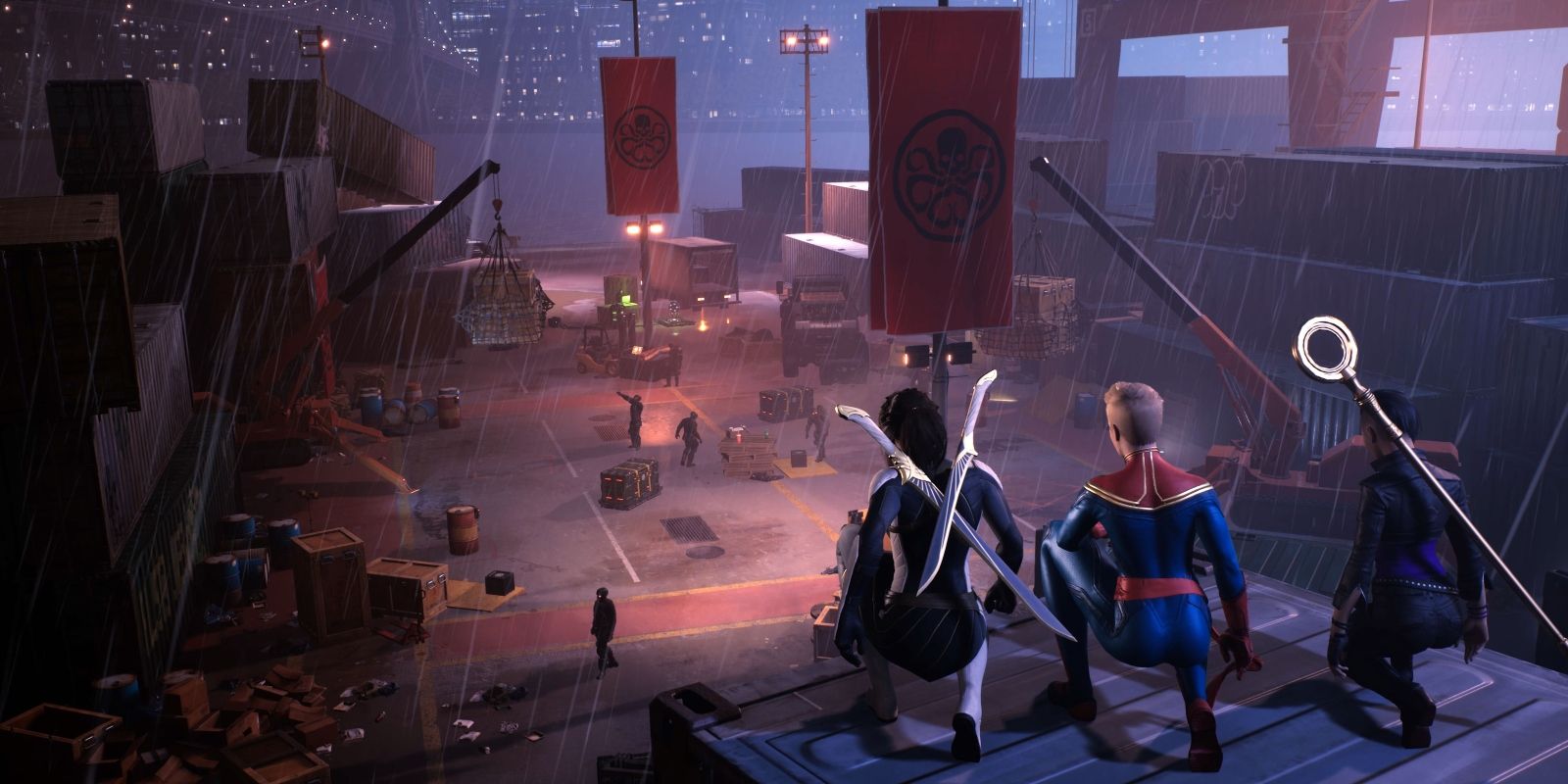 Hunter, Captain Marvel, and Nico Minoru looking over a Hydra base in Marvel's Midnight Suns