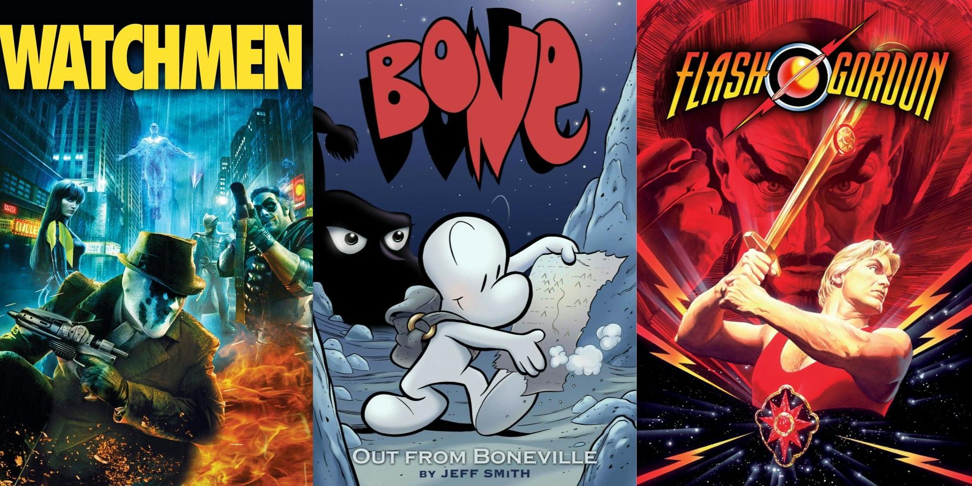 Split Images - Covers and movie posters for Watchmen, Bone & Flash Gordon