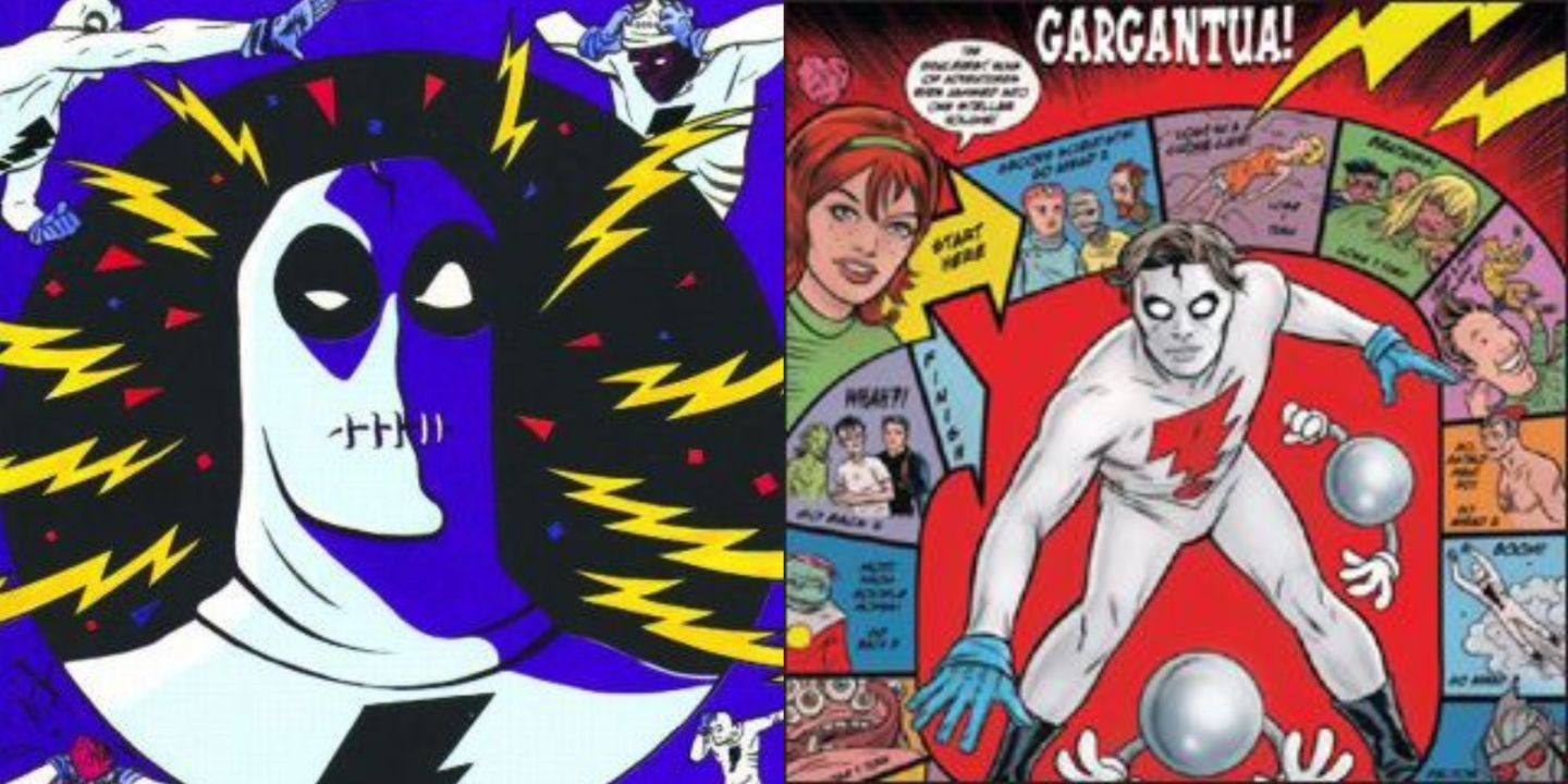 A split image of Mike Allred's Madman confused and a Madman board game in Dark Horse Comics