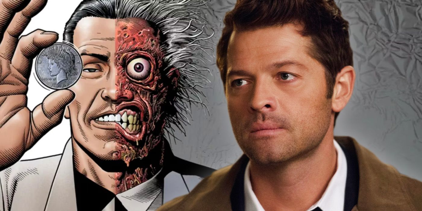 Misha Collins as Castiel on Supernatural next to DC's Two Face, who's holding up his coin.