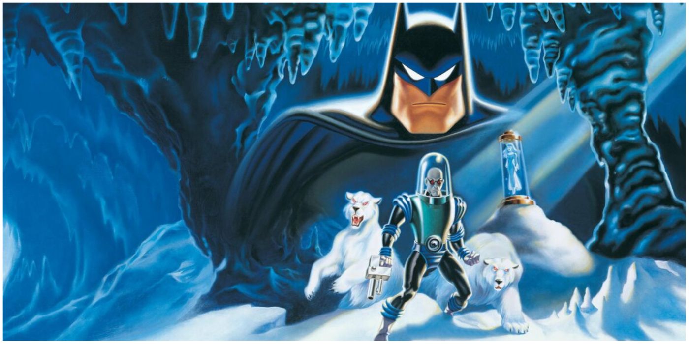 Mr freeze with two polar bears standing infront of batman in the DCAU