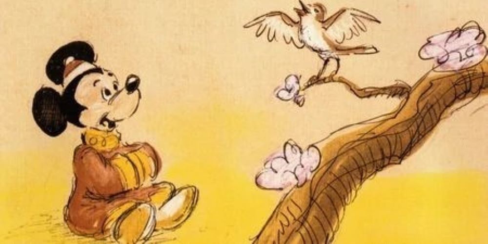 Musicana Storyboards de Mickey Mouse assis à côté du Rossignol perché.