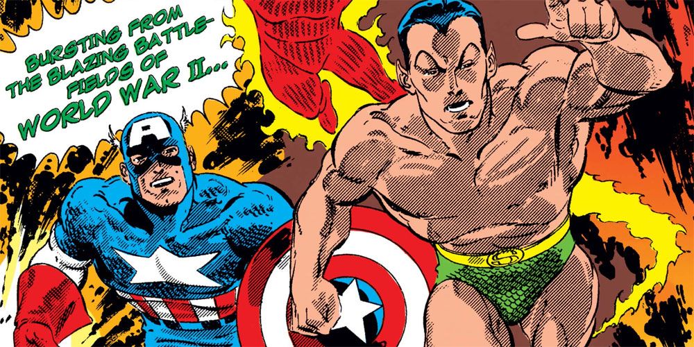 Captain America and Namor the Sub-Mariner leading the Invaders in Marvel comics