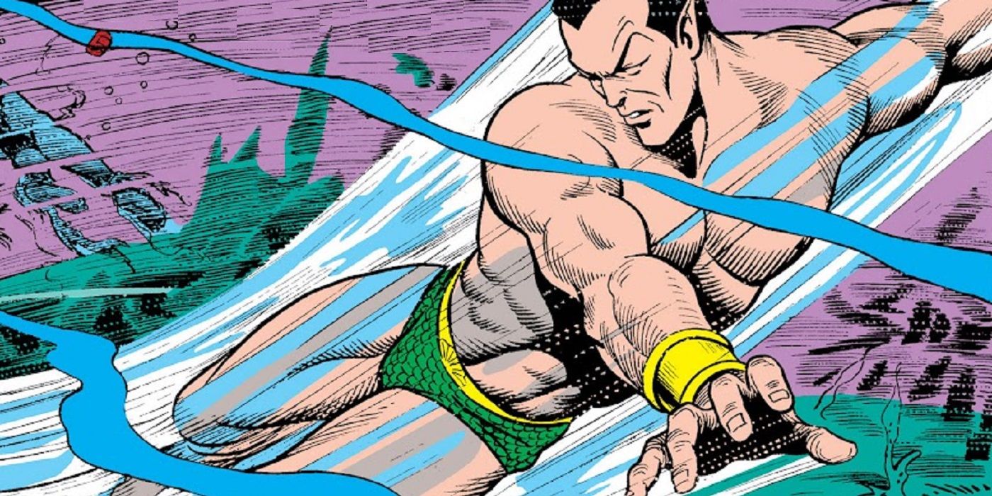 Uma imagem de Namor nadando no oceano na Marvel Comics