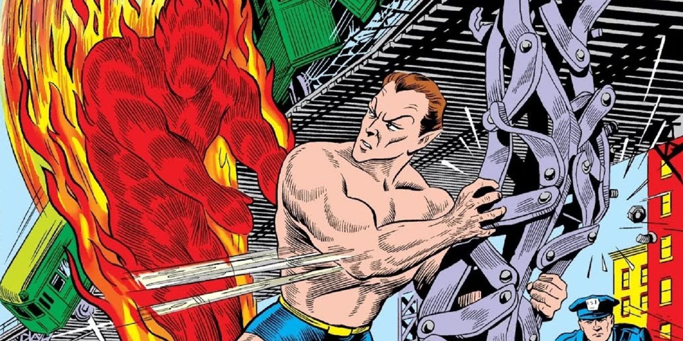 Human Torch flies up to stop Namor from destroying New York in Marvel Comics