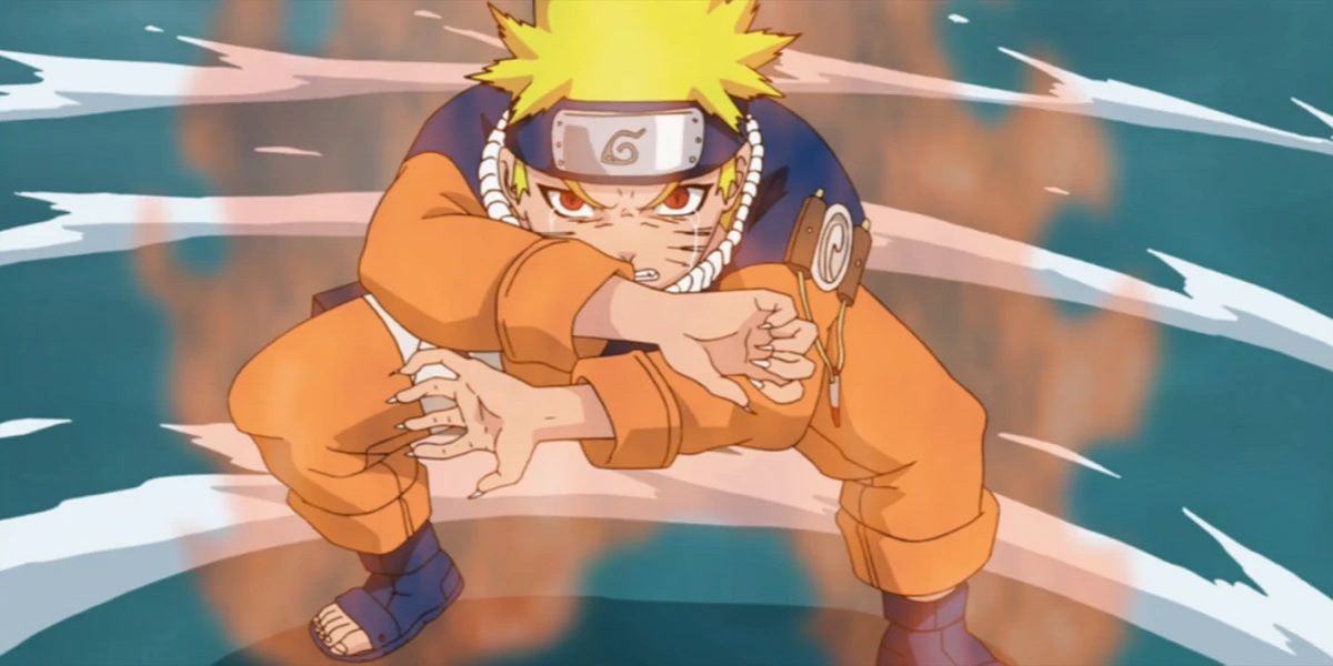Naruto activating the Nine-Tailed Fox's powers while crying in Naruto.