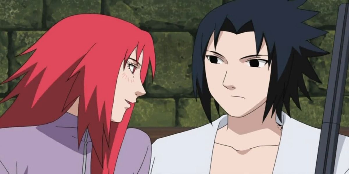 Karin blushing and looking at Sasuke at Naruto.