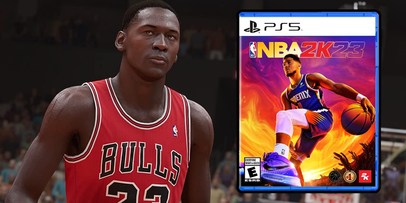 Un jeune Michael Jordan se concentre sur les Jordan Challenges à côté de l'illustration de la boîte pour NBA 2K23