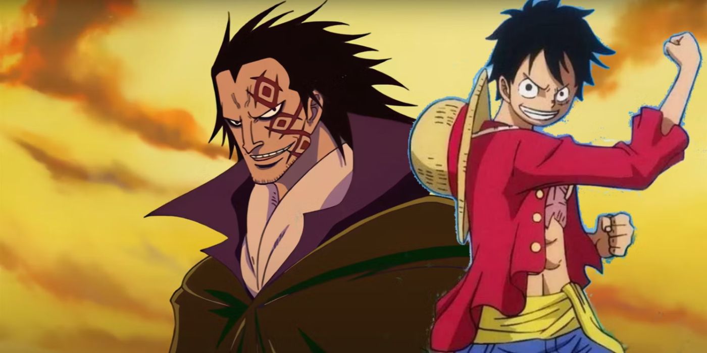 Luffy superimposed over Dragon looking sinister in One Piece