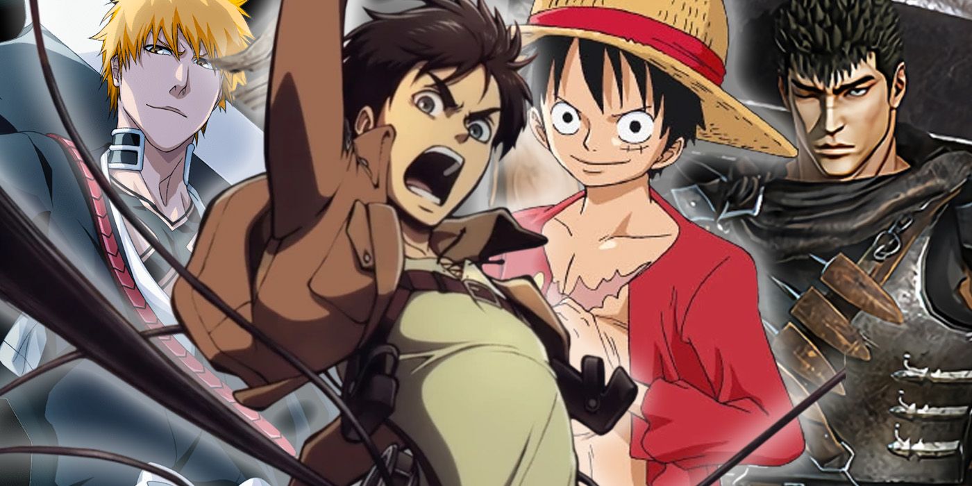 Compilation image of Ichigo Kurosaki (Bleach), Eren Yeager (Attack on Titan), Monkey D Luffy (One Piece), and Guts (Berserk)