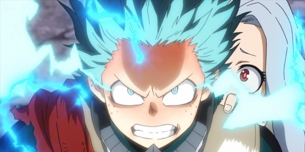 Izuku Midoriya powering up with Eri on his back in My Hero Academia.