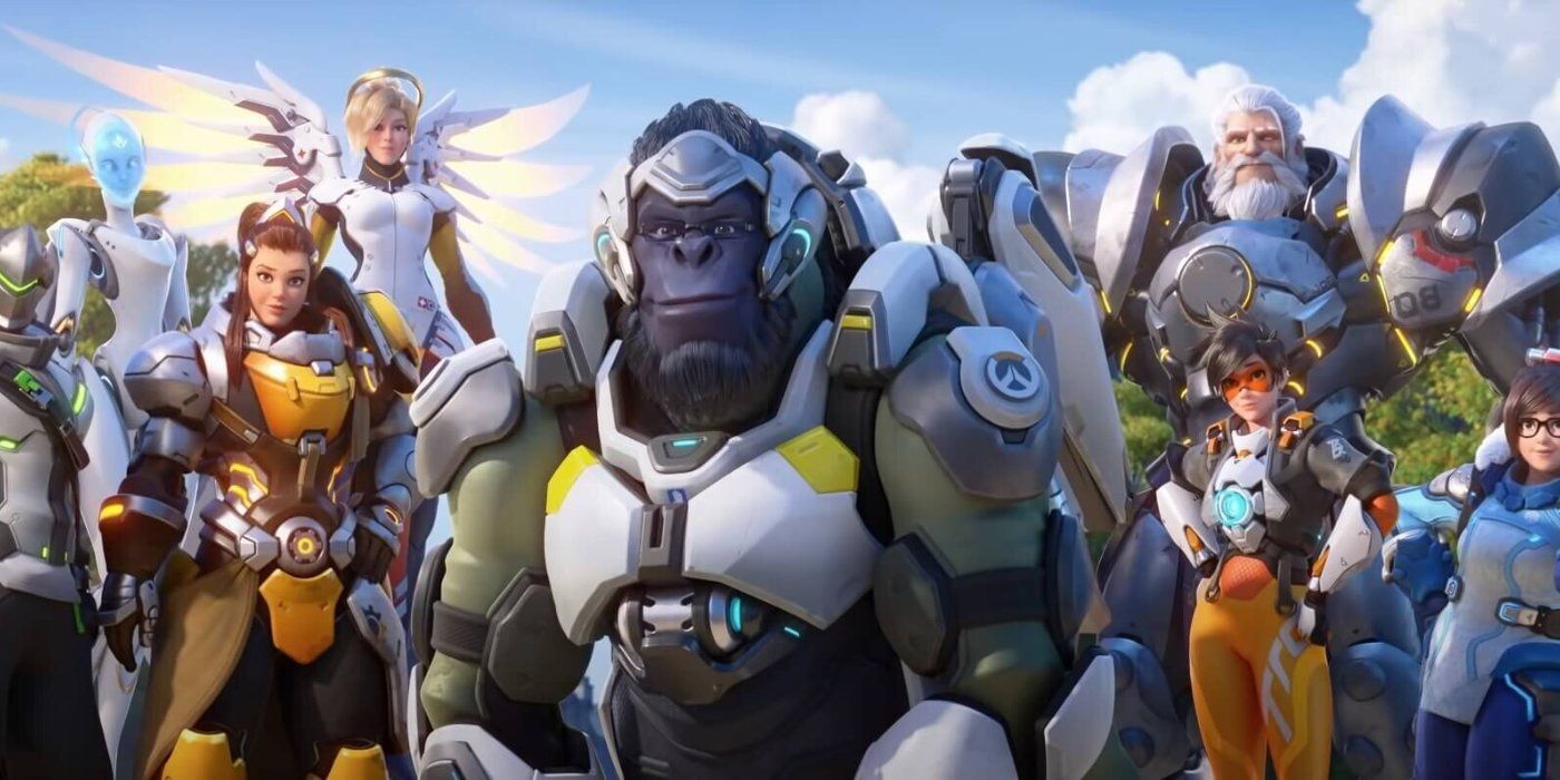 Heroes from Overwatch with Winston in the foreground and Brigette and Tracer in the background