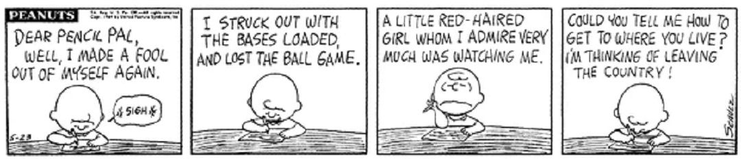 Charlie Brown writes his "pencil pal" in Peanuts