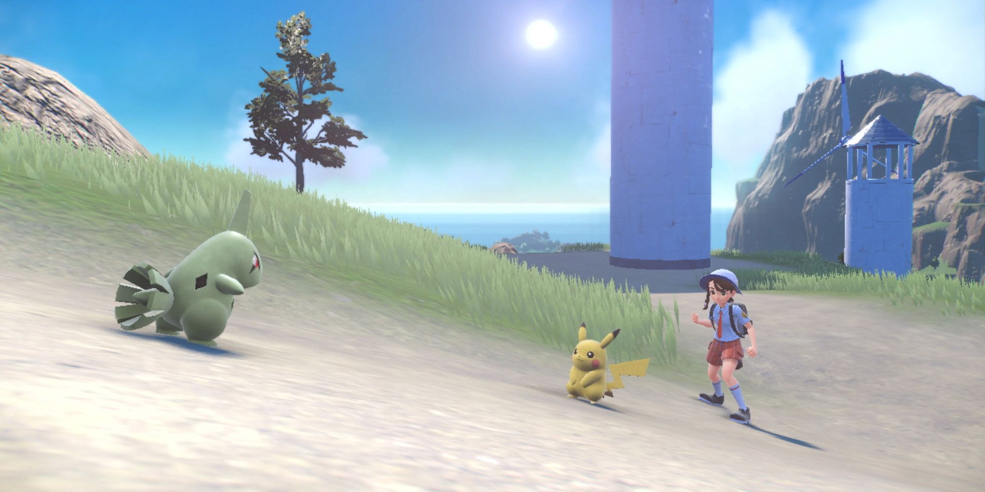 Pokemon Scarlet and Violet - Trainer and Pikachu approach a Pokemon for a Wild Battle
