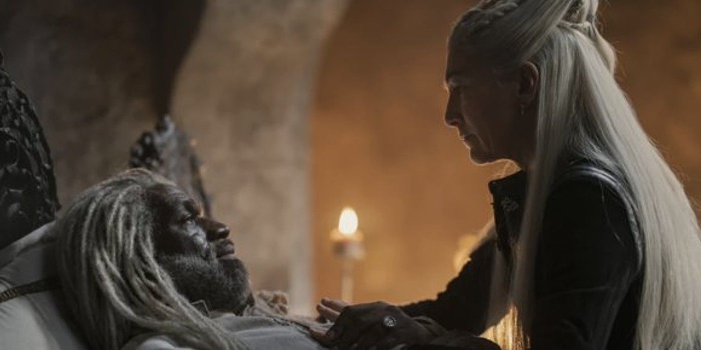 Princess Rhaenys at her husband, Corlys' bedside in House of the Dragon.
