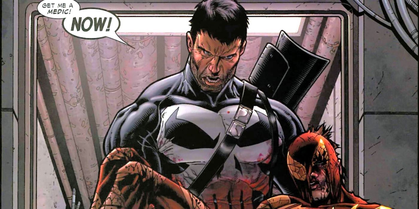 Punisher holding Spider-Man during Civil War in Marvel Comics.