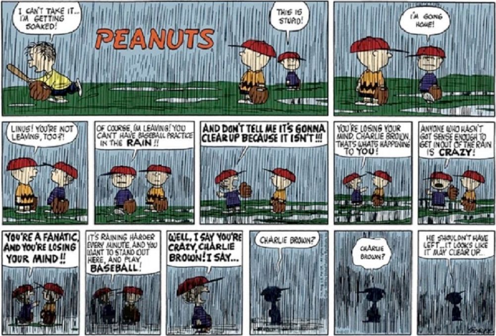 Charlie Brown and Linus argue over a rained out baseball game in Peanuts