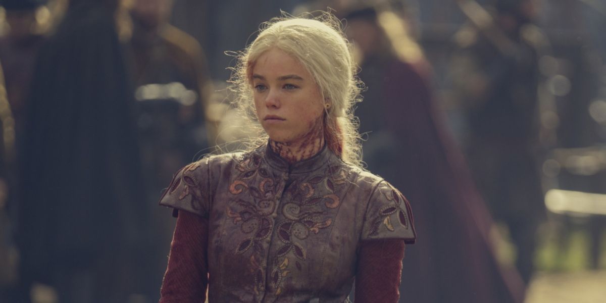 Rhaenyra Targaryen returning to camp covered in blood House of the Dragon
