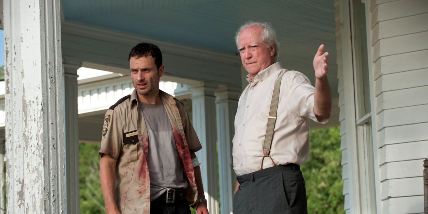 Rick Grimes and Hershel Greene talking outside the farm in The Walking Dead
