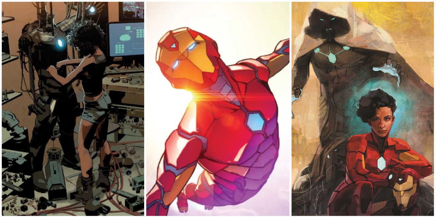 A split image of Riri Williams working on a suit, Ironheart flying, and Ironheart crouching infront of Doctor Doom in side by side images in Marvel comics