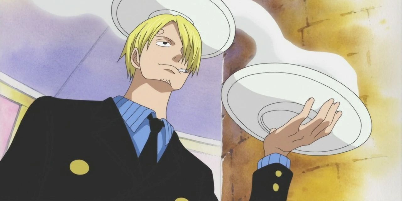 Sanji serve vários pratos no restaurante Baratie em One Piece.