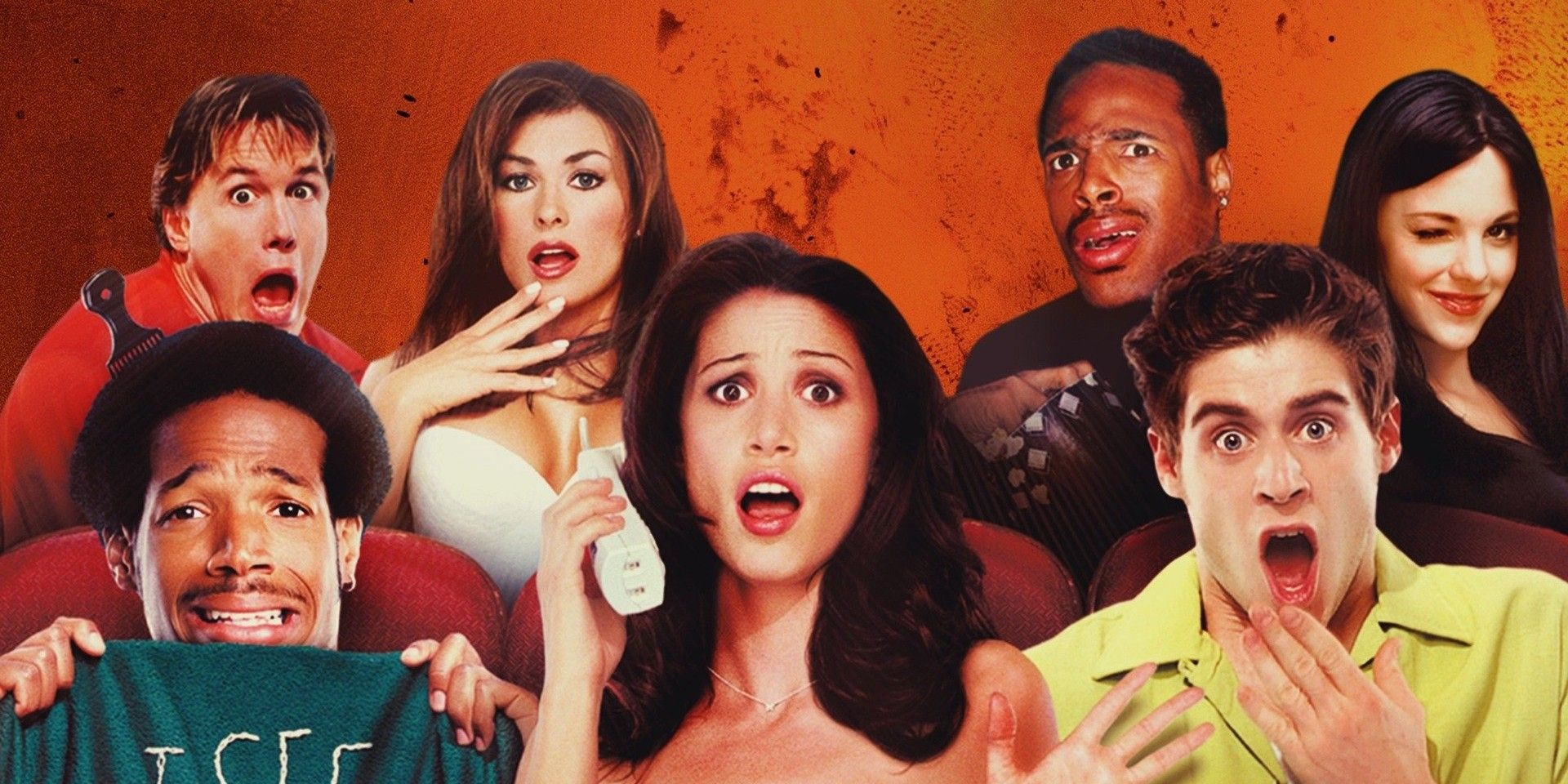 The cast of Scary Movie look to the camera mid-scream.