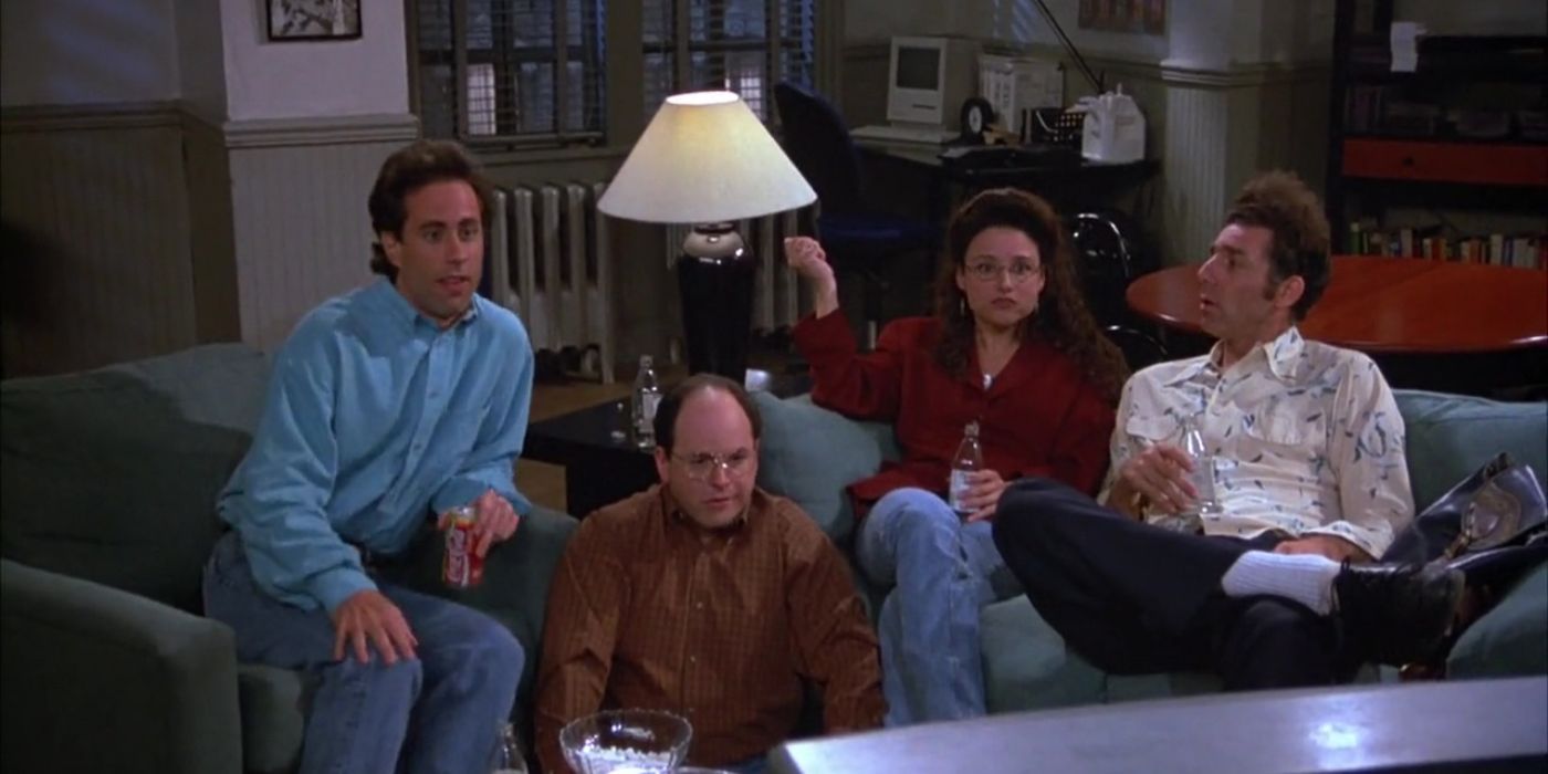 Jerry Seinfeld, George Costanza, Elaine Benes, and Cosmo Kramer watching TV in Seinfeld
