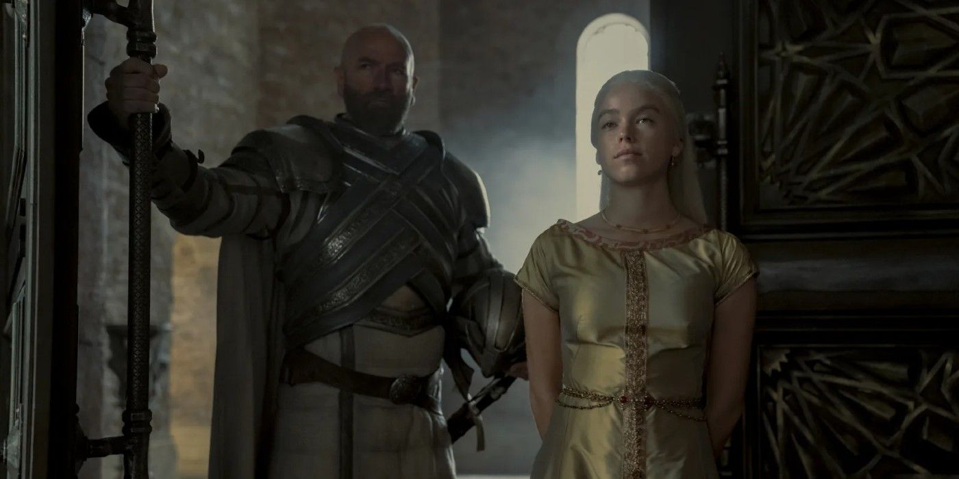 Ser Harrold Westerling watching over Rhaenyra Targaryen in House of the Dragon.