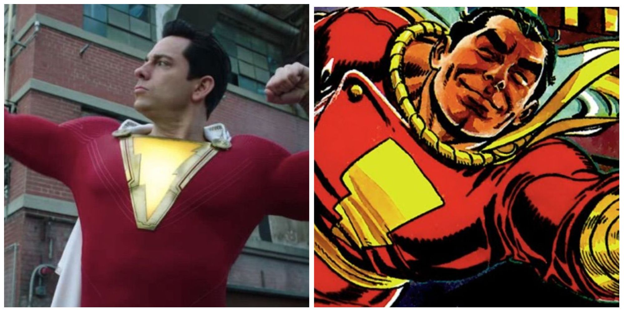A split image of Shazam!  in the DCEU and Captain Marvel in DC Comics